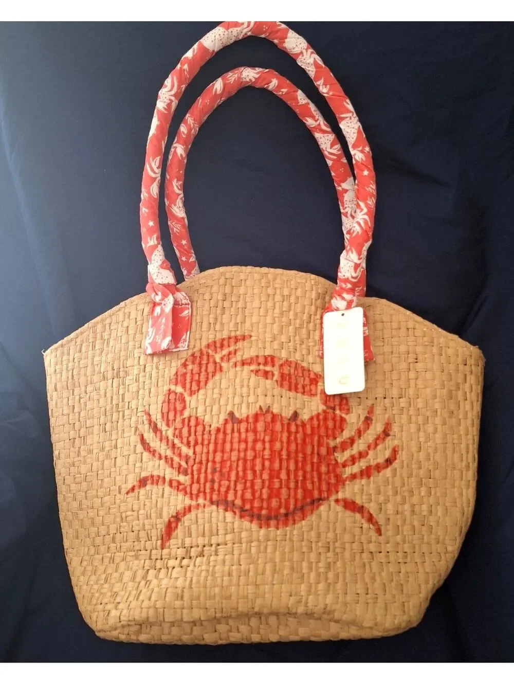 NWT Lulu Crab Woven Wicker Straw Beach Tote Pink Coral Scarf Handles 3 Pockets
